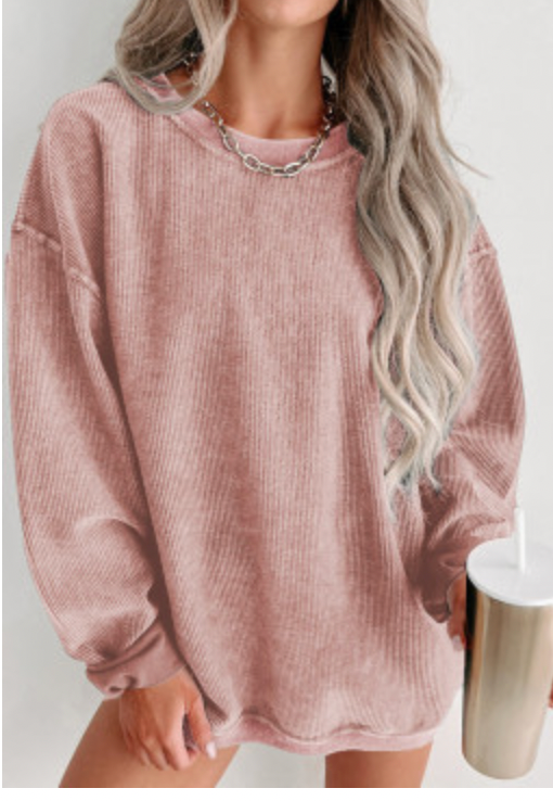 Pink Corded Sweatshirt-Graphic Sweatshirts-Podos Boutique, a Women's Fashion Boutique Located in Calera, AL