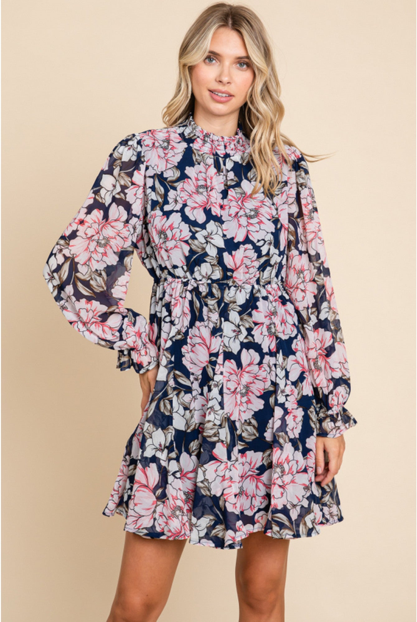 Floral dress w/ smocked neck-Short Dresses-Podos Boutique, a Women's Fashion Boutique Located in Calera, AL