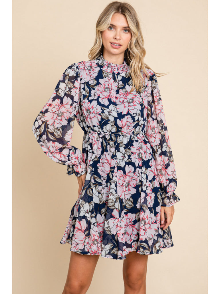 Floral dress w/ smocked neck-Short Dresses-Podos Boutique, a Women's Fashion Boutique Located in Calera, AL