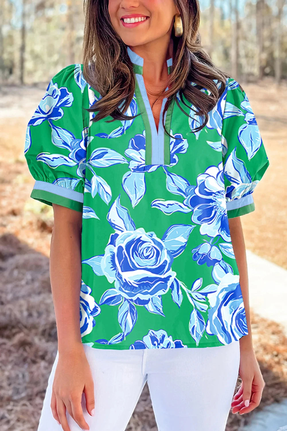 Bright Green Floral Blouse-Fashion Tops-Podos Boutique, a Women's Fashion Boutique Located in Calera, AL