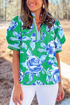 Bright Green Floral Blouse-Fashion Tops-Podos Boutique, a Women's Fashion Boutique Located in Calera, AL