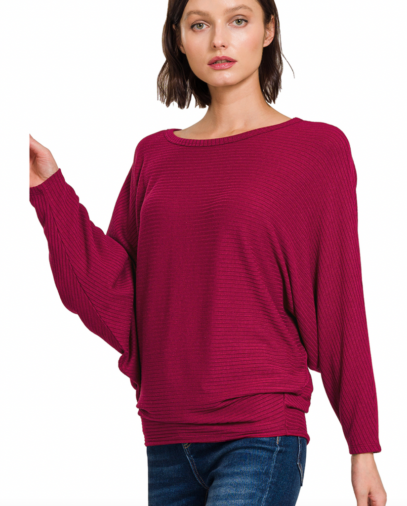 Ribbed Batwing Boatneck Sweater-Sweaters-Podos Boutique, a Women's Fashion Boutique Located in Calera, AL