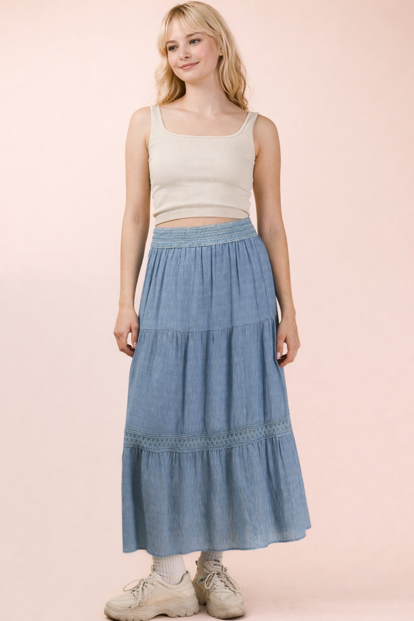 Tiered Maxi Skirt with Lace Trim-Skirts-Podos Boutique, a Women's Fashion Boutique Located in Calera, AL