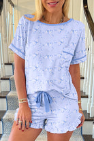 Sky Blue Bow Print Pajama Set-Lounge Wear-Podos Boutique, a Women's Fashion Boutique Located in Calera, AL