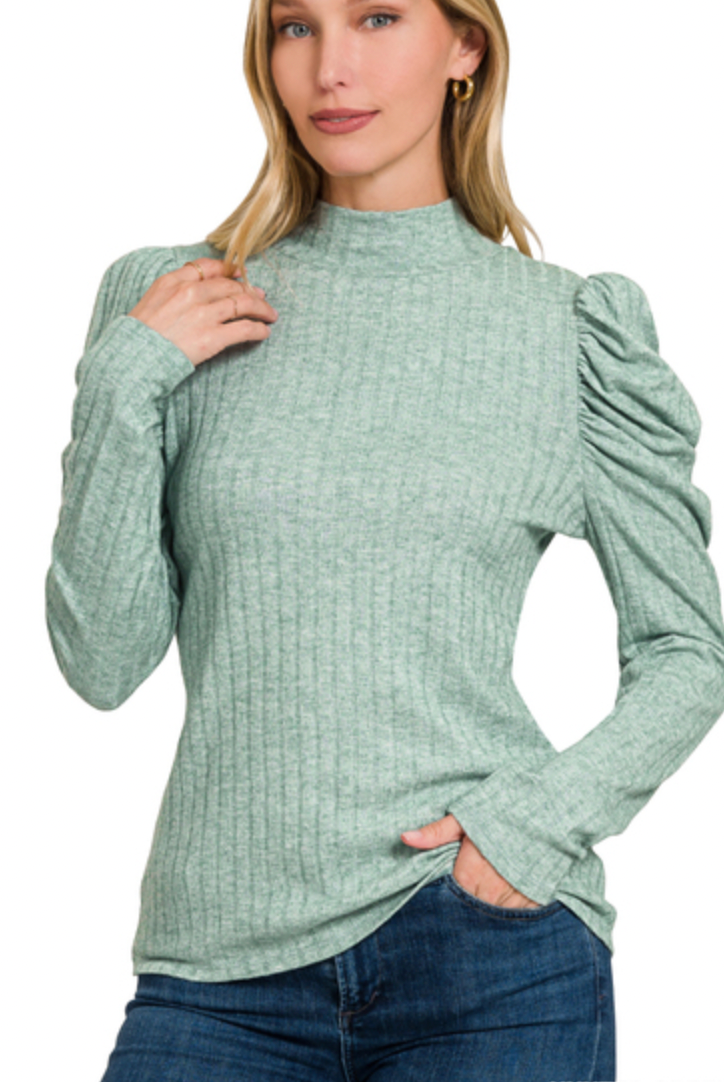 Ribbed Puff LS Mock Neck-Long Sleeves-Podos Boutique, a Women's Fashion Boutique Located in Calera, AL