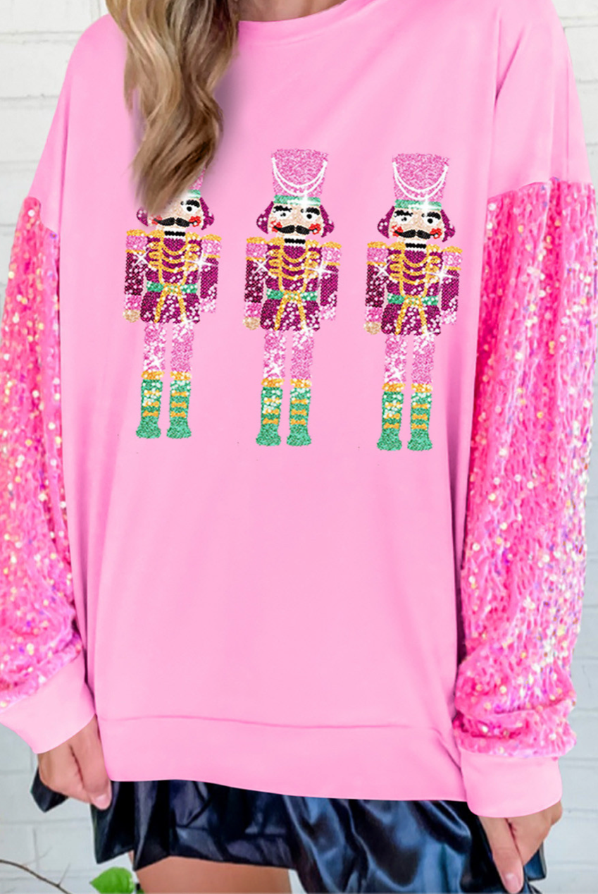 Pink Sequin Nutcracker Sweatshirt-Graphic Sweatshirts-Podos Boutique, a Women's Fashion Boutique Located in Calera, AL