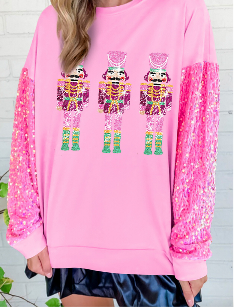 Pink Sequin Nutcracker Sweatshirt-Tops-Podos Boutique, a Women's Fashion Boutique Located in Calera, AL