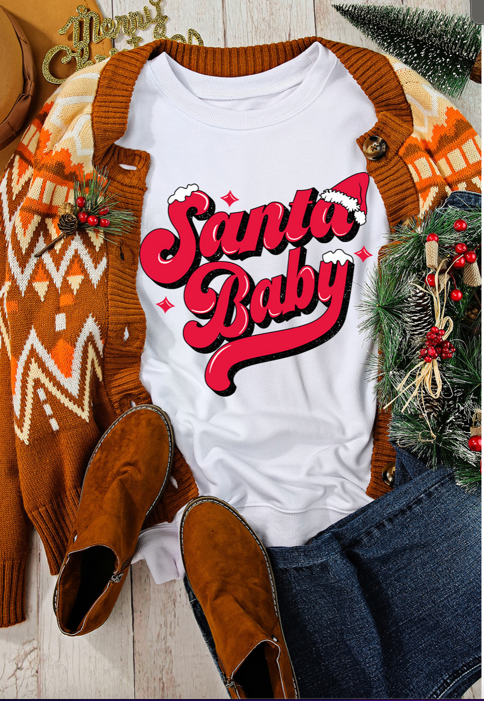 White Santa Baby Sweatshirt-Graphic Sweatshirts-Podos Boutique, a Women's Fashion Boutique Located in Calera, AL