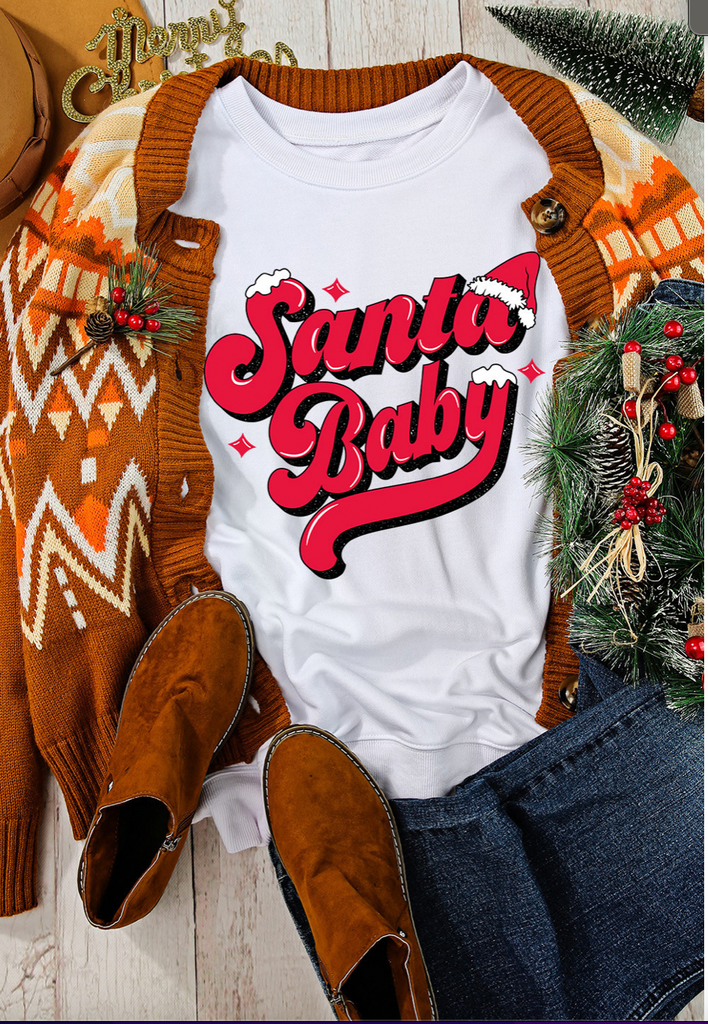 White Santa Baby Sweatshirt-Boutique Items. - Boutique Apparel - Ladies - Top It Off - Printed Fleece-Podos Boutique, a Women's Fashion Boutique Located in Calera, AL