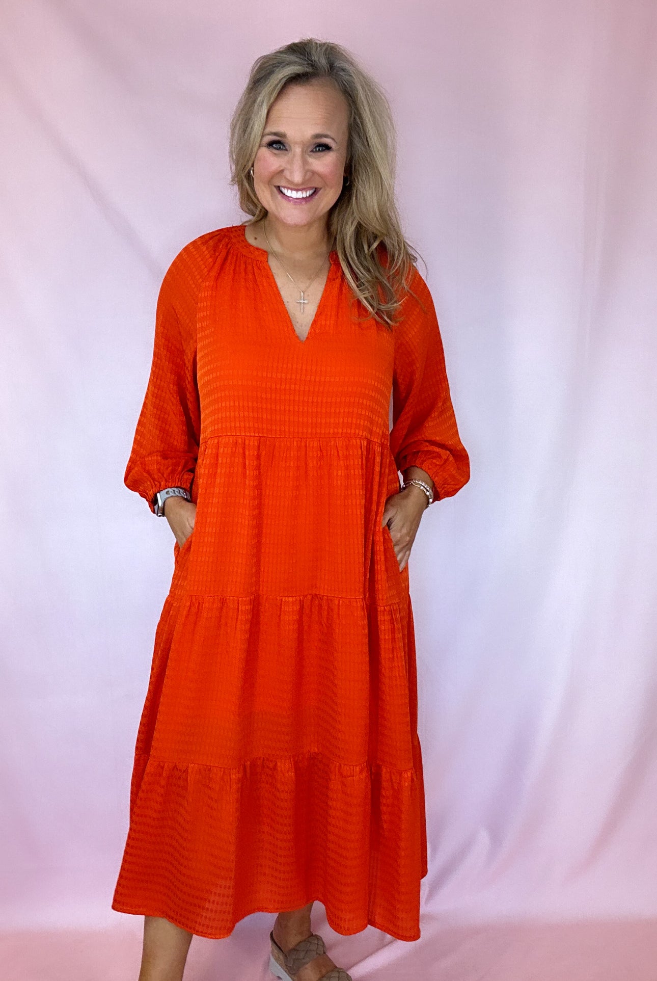 Betsy 3/4 Sleeve Tiered Dress-Midi Dresses-Podos Boutique, a Women's Fashion Boutique Located in Calera, AL