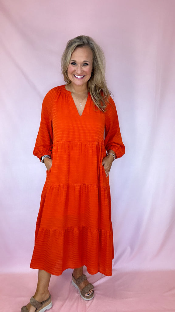 Betsy 3/4 Sleeve Tiered Dress-Midi Dresses-Podos Boutique, a Women's Fashion Boutique Located in Calera, AL