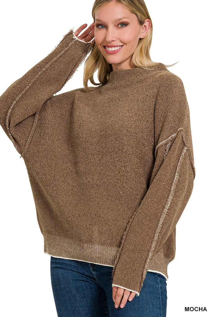 Mock Neck Raw Seam Chenille Sweater-Sweaters-Podos Boutique, a Women's Fashion Boutique Located in Calera, AL