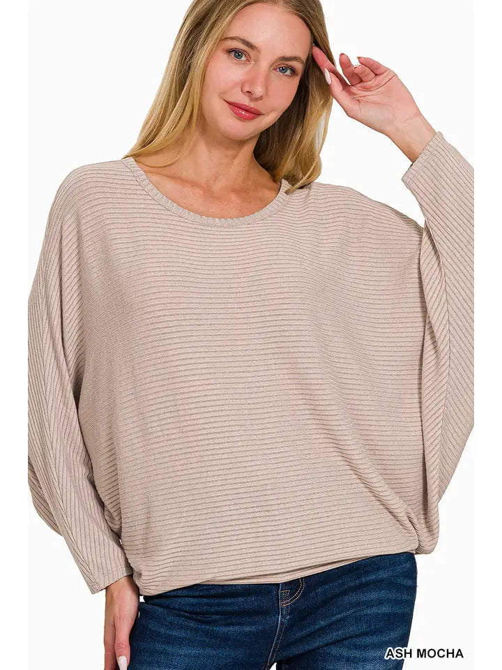 Ribbed Batwing Boatneck Sweater-Sweaters-Podos Boutique, a Women's Fashion Boutique Located in Calera, AL