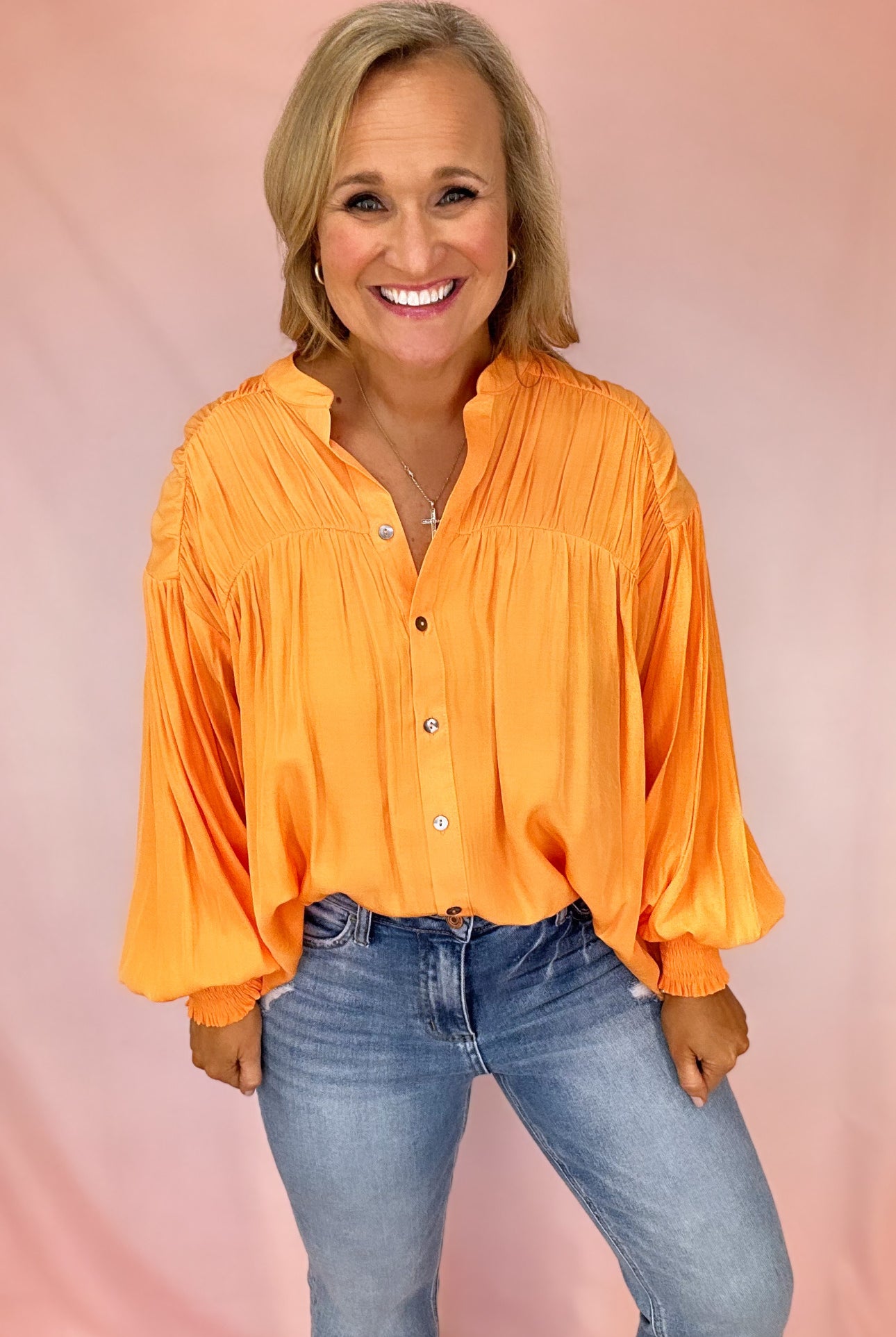 Erin Ruched Yoke Top-Long Sleeves-Podos Boutique, a Women's Fashion Boutique Located in Calera, AL
