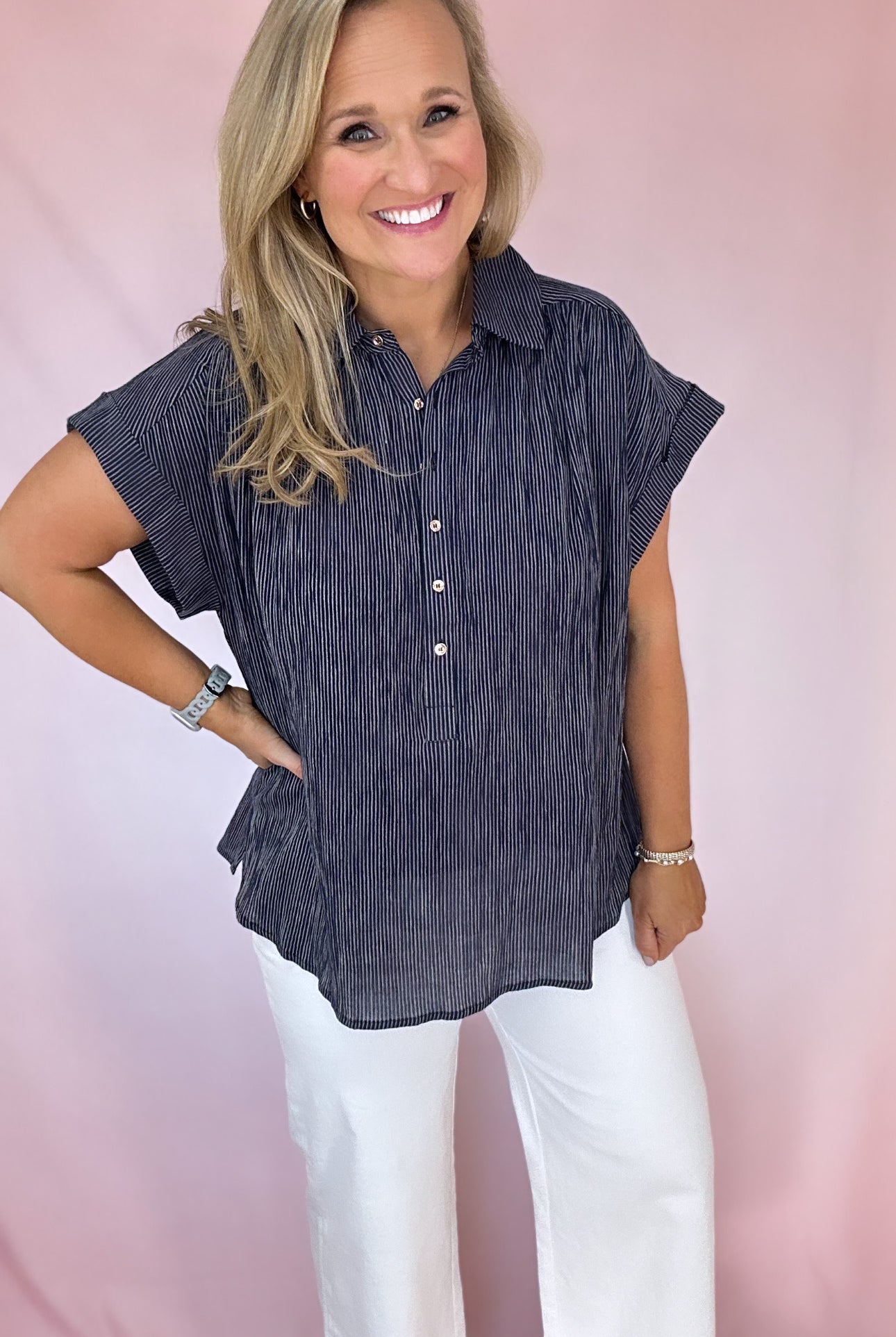 Ella Stripe Button Front Top-Short Sleeves-Podos Boutique, a Women's Fashion Boutique Located in Calera, AL