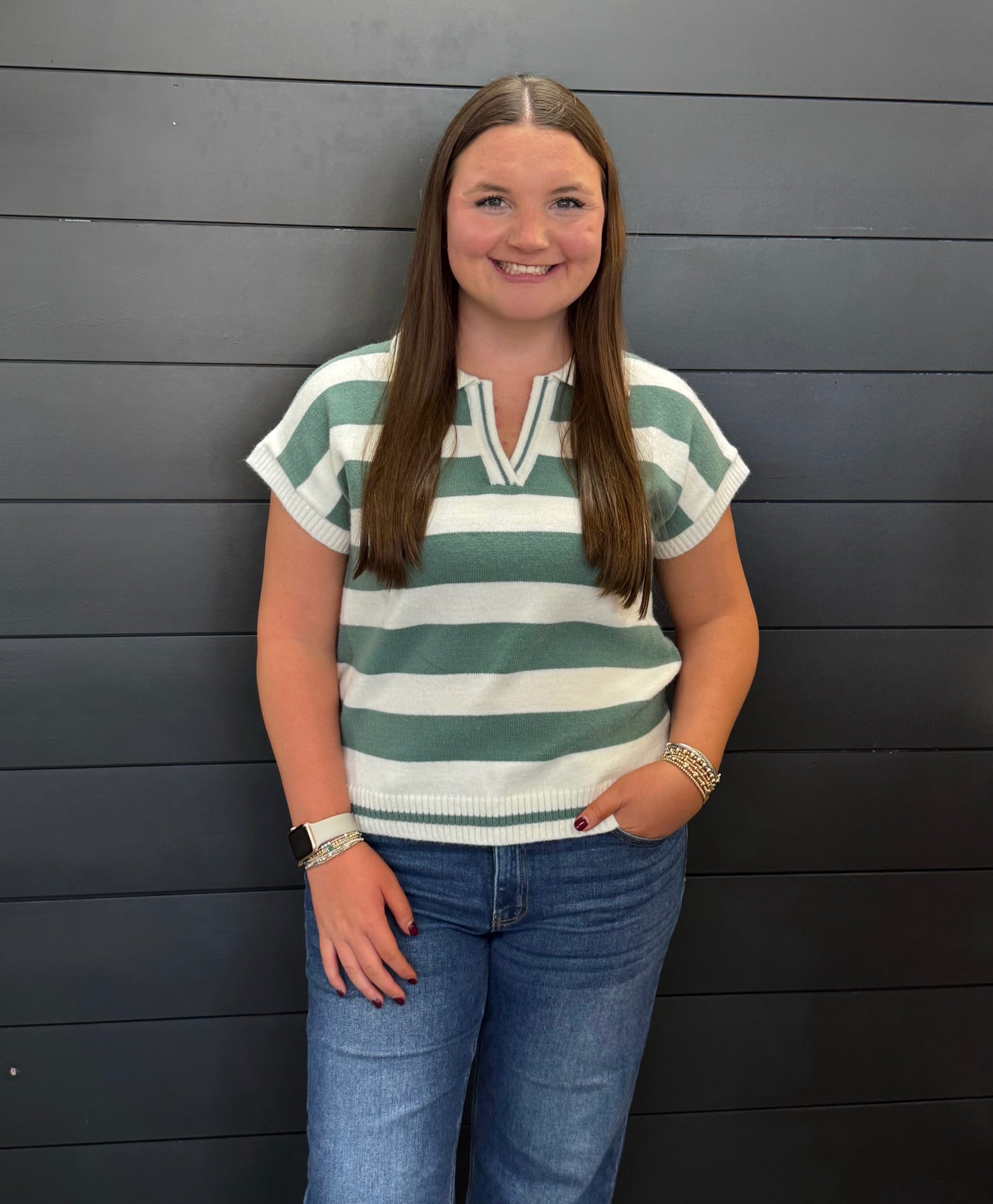 Striped Collared Short Sleeve Sweater-Fashion Tops-Podos Boutique, a Women's Fashion Boutique Located in Calera, AL