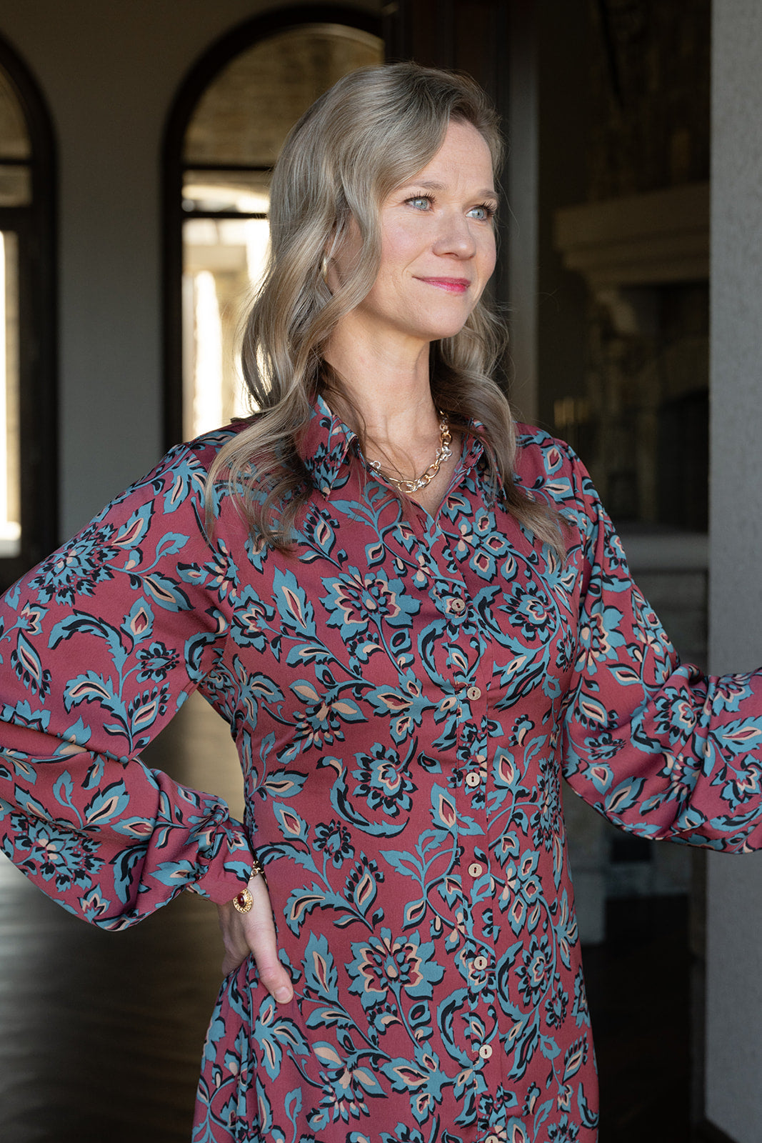 Fall Floral Dress-Midi Dresses-Podos Boutique, a Women's Fashion Boutique Located in Calera, AL