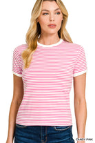 Striped Contrast Trim Tee-Fashion Tops-Podos Boutique, a Women's Fashion Boutique Located in Calera, AL