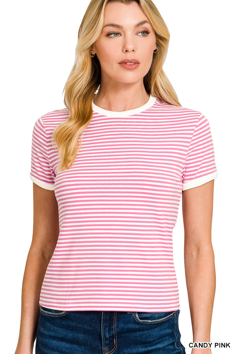 Striped Contrast Trim Tee-Fashion Tops-Podos Boutique, a Women's Fashion Boutique Located in Calera, AL