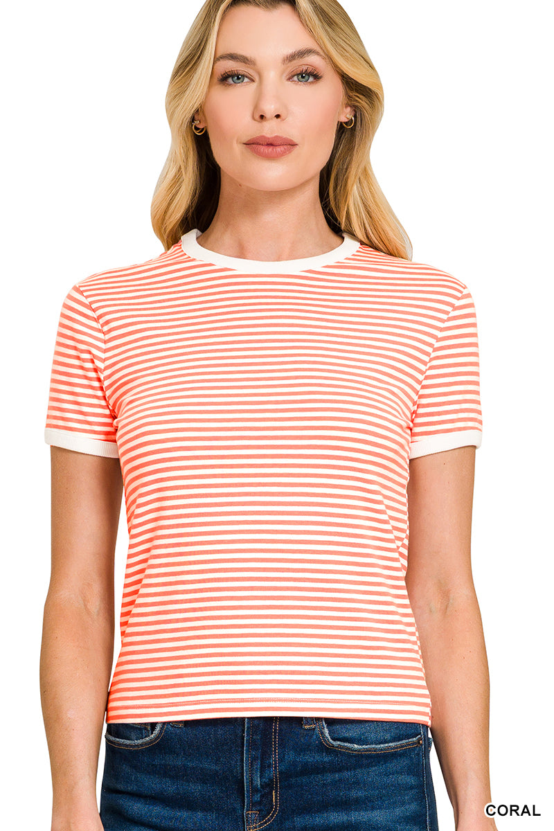 Striped Contrast Trim Tee-Fashion Tops-Podos Boutique, a Women's Fashion Boutique Located in Calera, AL