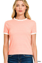 Striped Contrast Trim Tee-Fashion Tops-Podos Boutique, a Women's Fashion Boutique Located in Calera, AL
