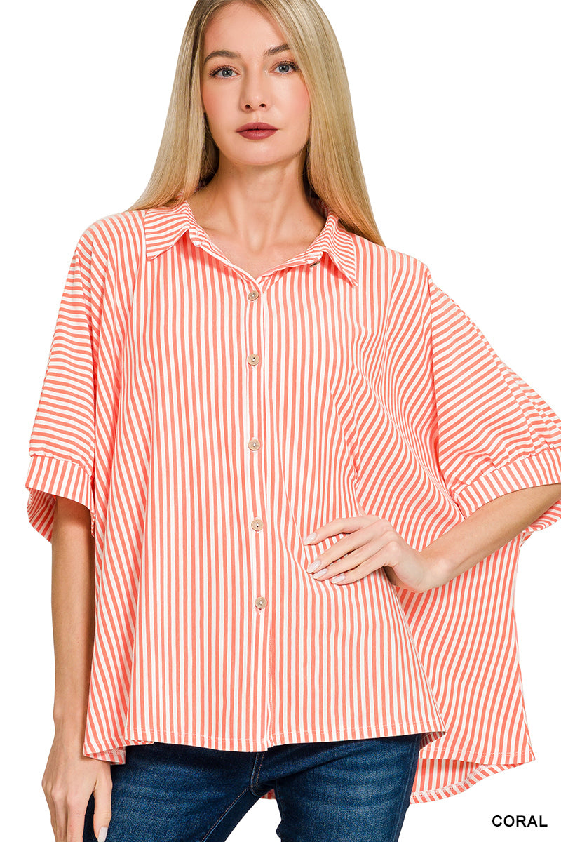 Oversized Stripe Button Down Shirt-Fashion Tops-Podos Boutique, a Women's Fashion Boutique Located in Calera, AL