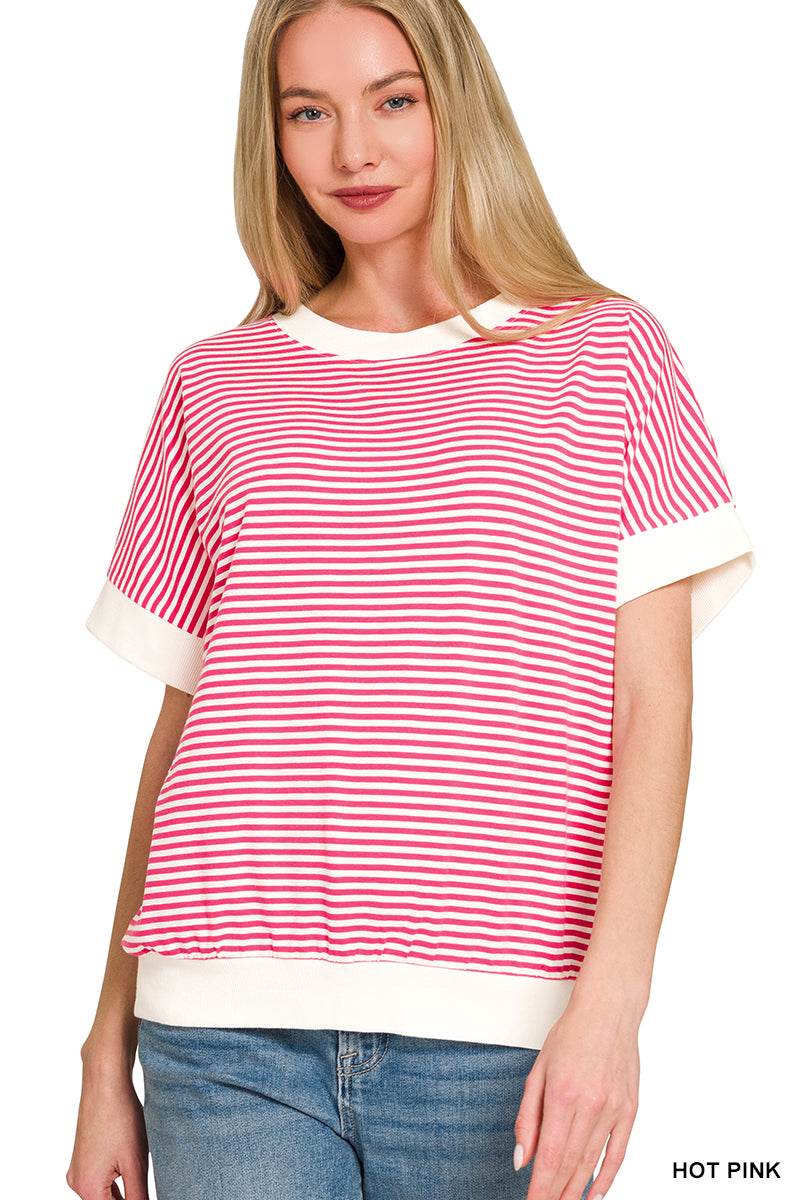 Stripe Contrast Banded Top-Fashion Tops-Podos Boutique, a Women's Fashion Boutique Located in Calera, AL