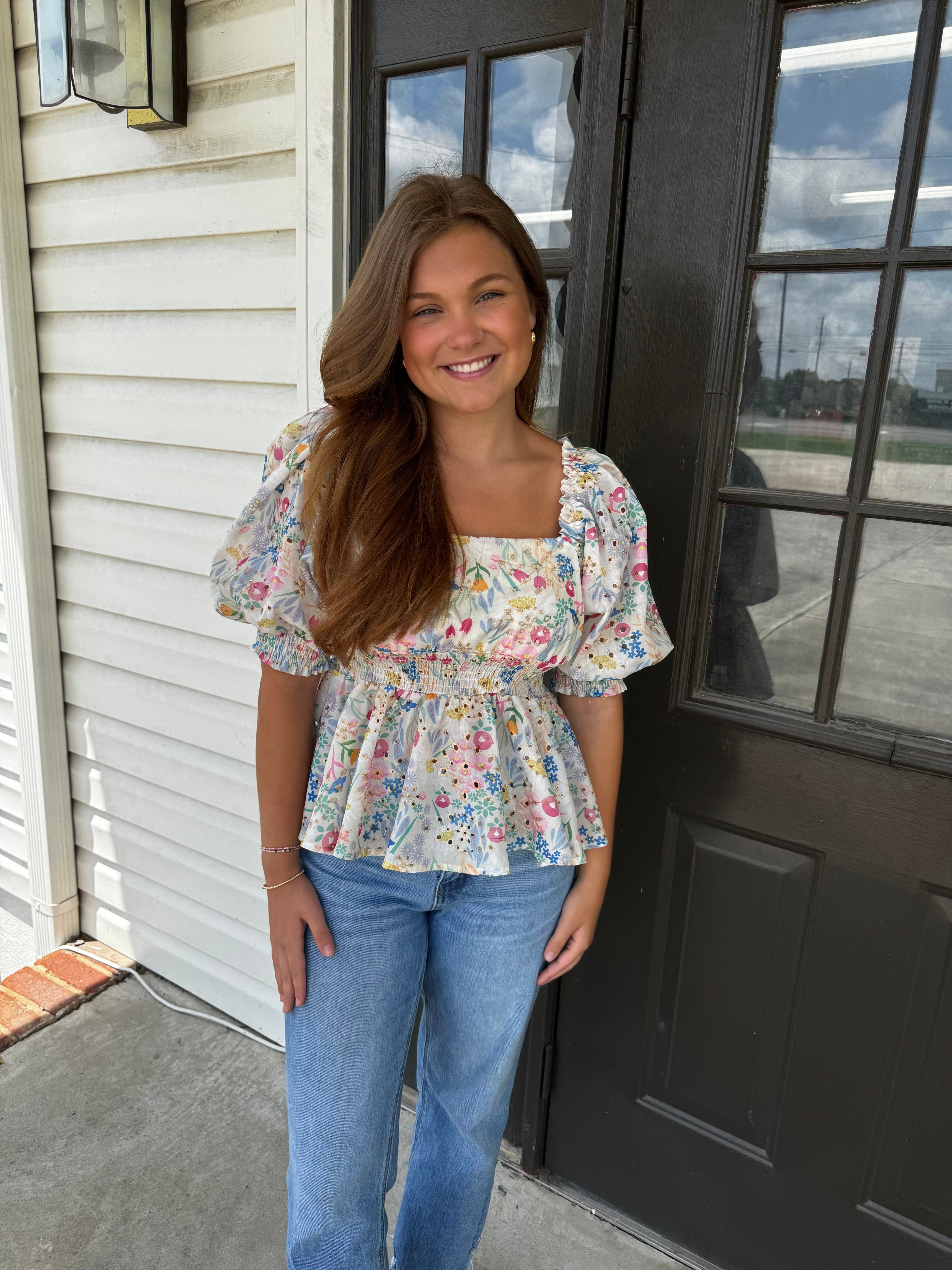 J.NNA Floral Dream Top-Fashion Tops-Podos Boutique, a Women's Fashion Boutique Located in Calera, AL
