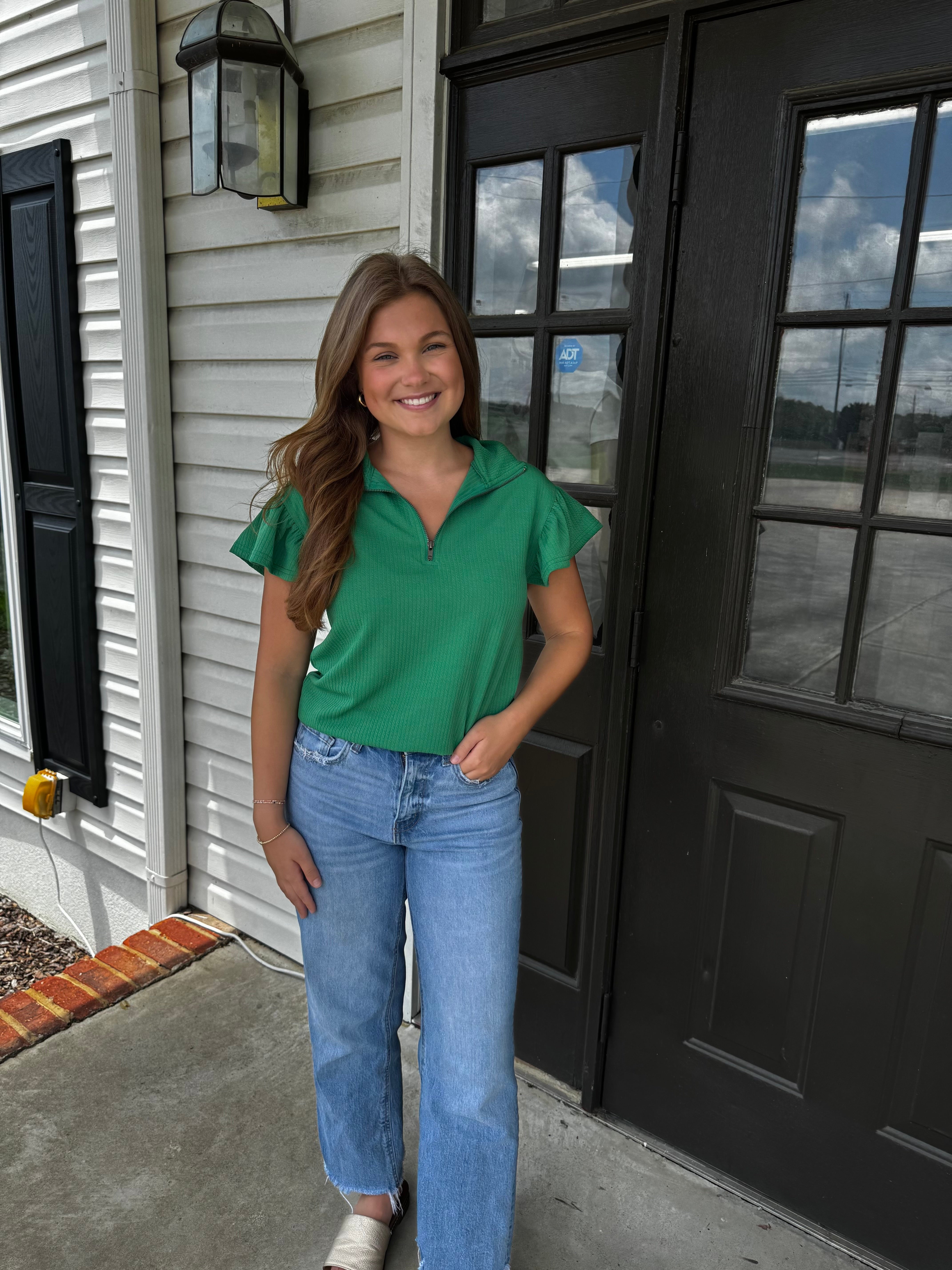 G + E Kelly Quarter Zip Top-Fashion Tops-Podos Boutique, a Women's Fashion Boutique Located in Calera, AL