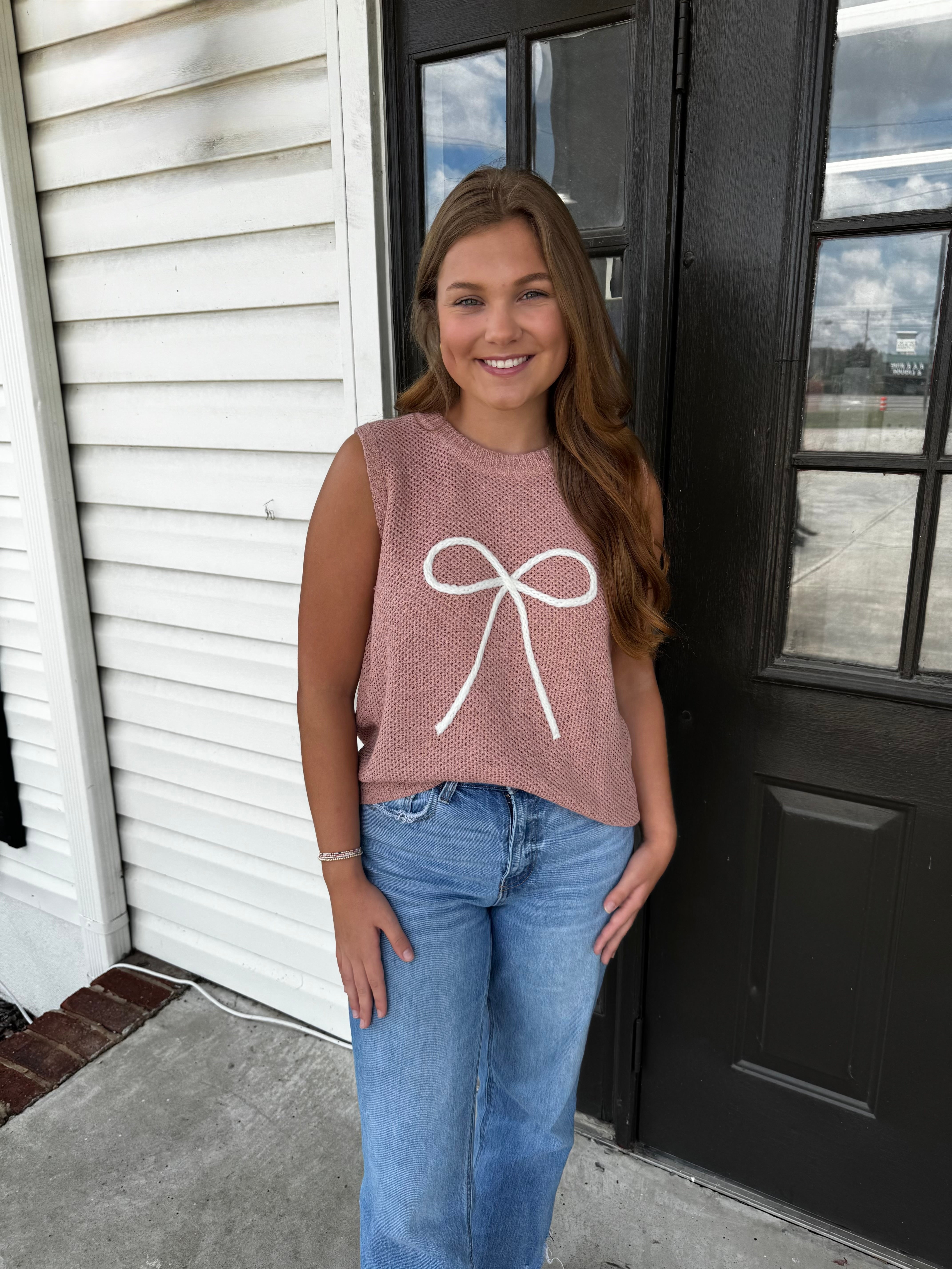 Bow Embroidered Tank-Fashion Tops-Podos Boutique, a Women's Fashion Boutique Located in Calera, AL