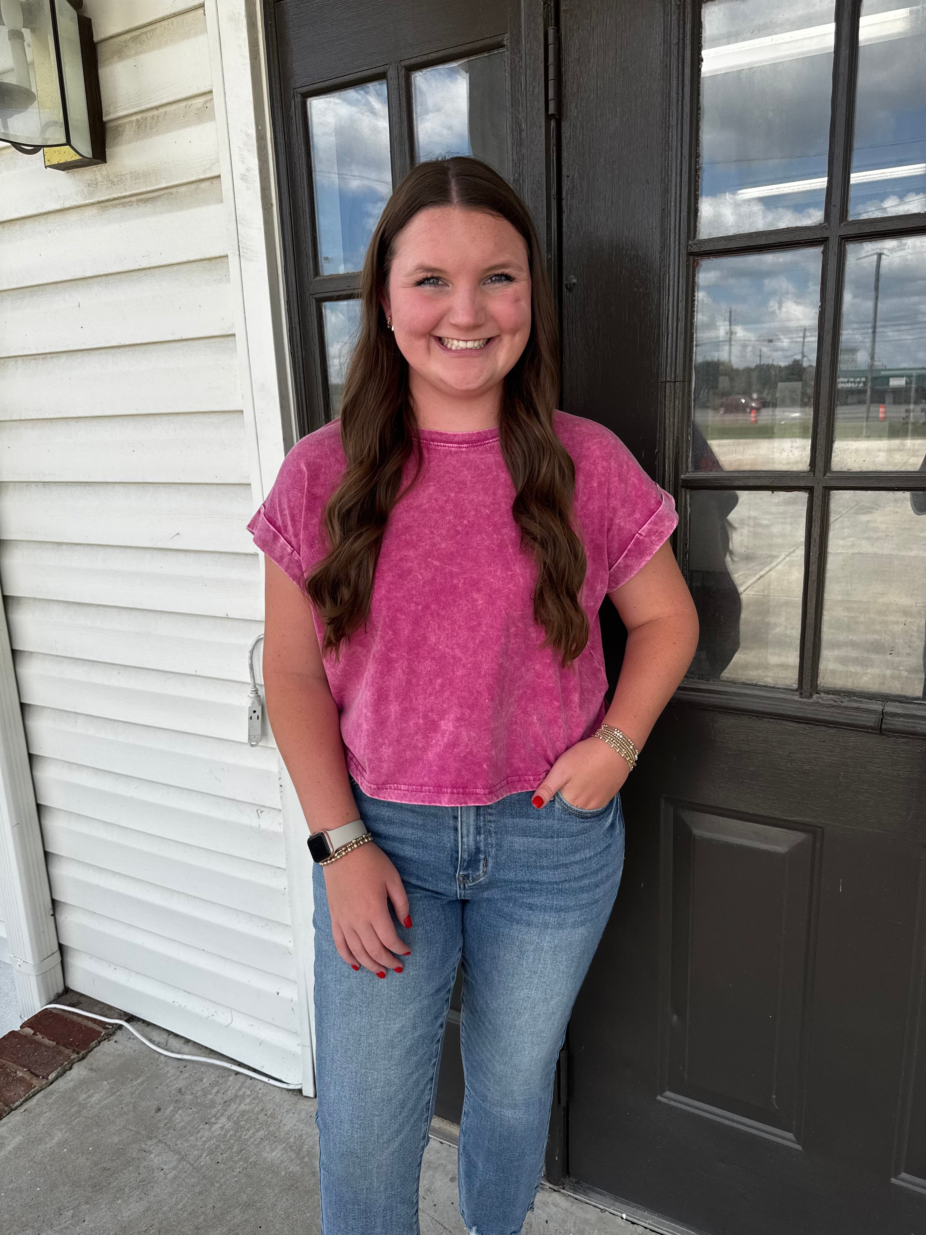 Washed Cuffed Short Sleeve-Short Sleeves-Podos Boutique, a Women's Fashion Boutique Located in Calera, AL