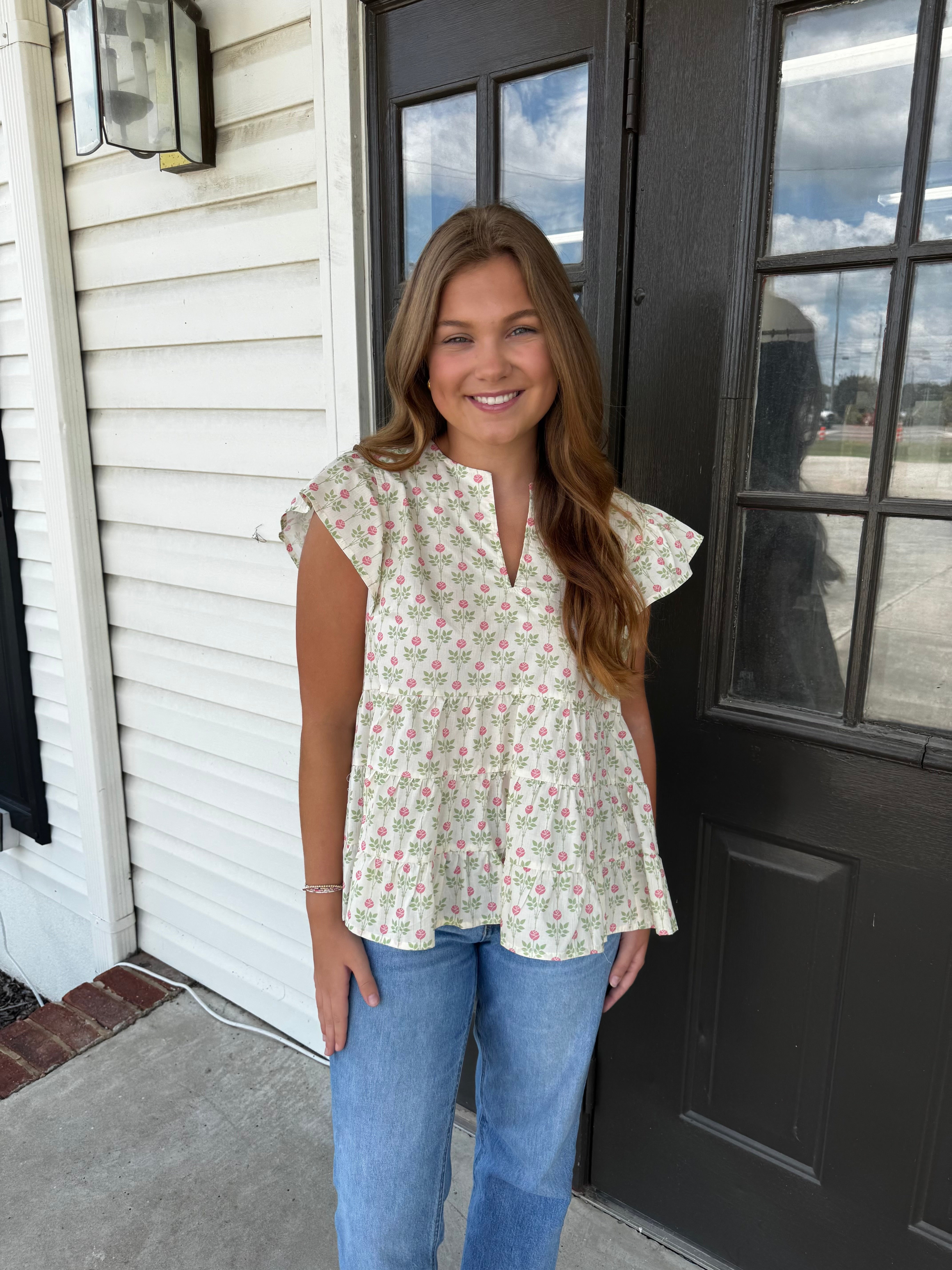 Floral Butterfly Sleeve Top-Fashion Tops-Podos Boutique, a Women's Fashion Boutique Located in Calera, AL