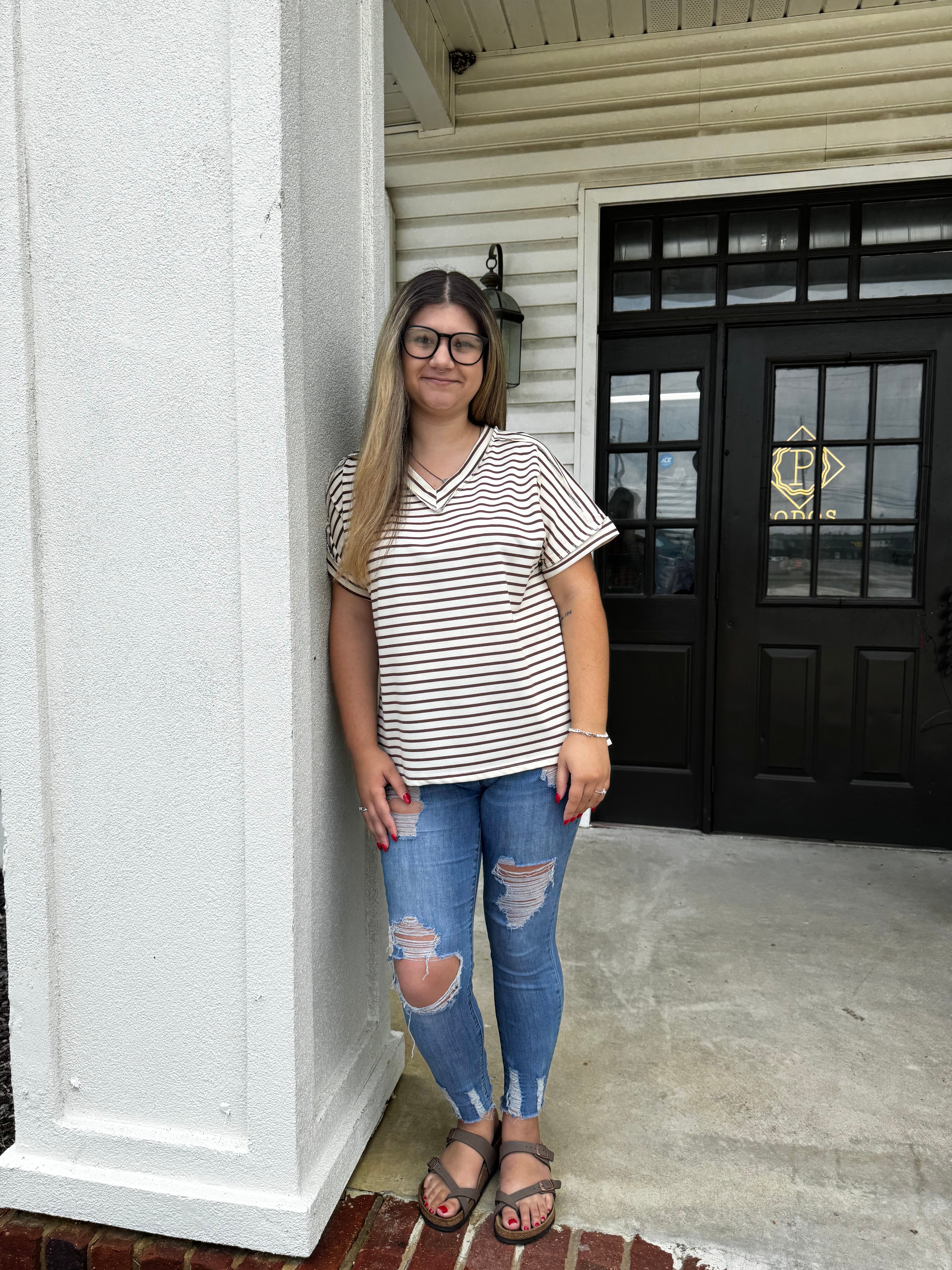 G + E Lucy Stripe Top-Fashion Tops-Podos Boutique, a Women's Fashion Boutique Located in Calera, AL