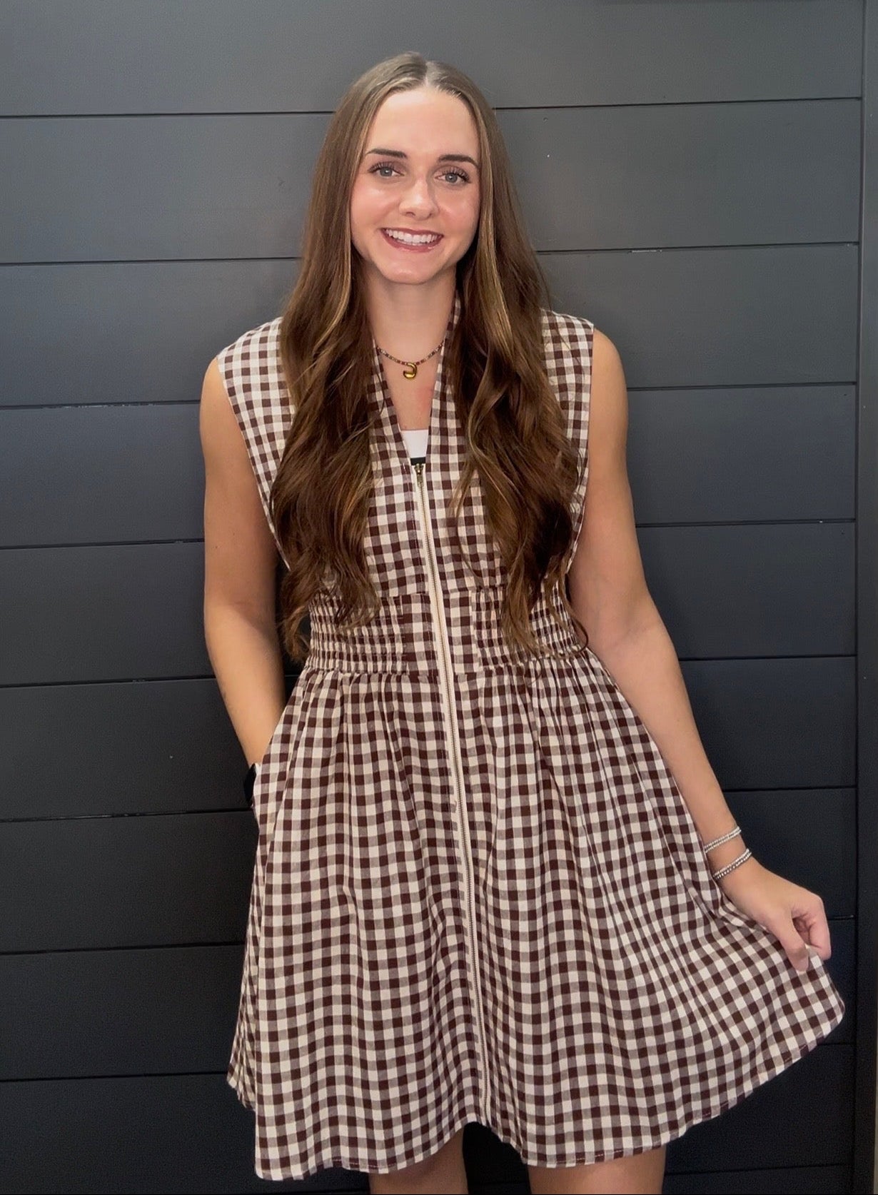 Gingham Smocked Waist Zip Front Mini Dress-Short Dresses-Podos Boutique, a Women's Fashion Boutique Located in Calera, AL