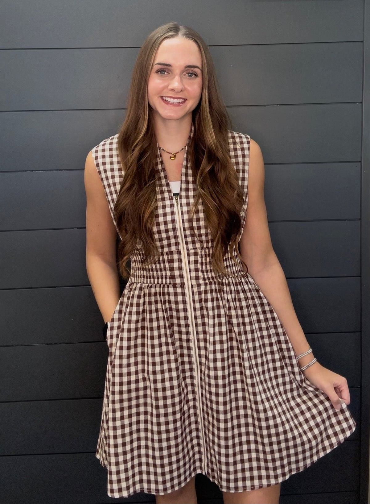 Gingham Smocked Waist Zip Front Mini Dress-Short Dresses-Podos Boutique, a Women's Fashion Boutique Located in Calera, AL