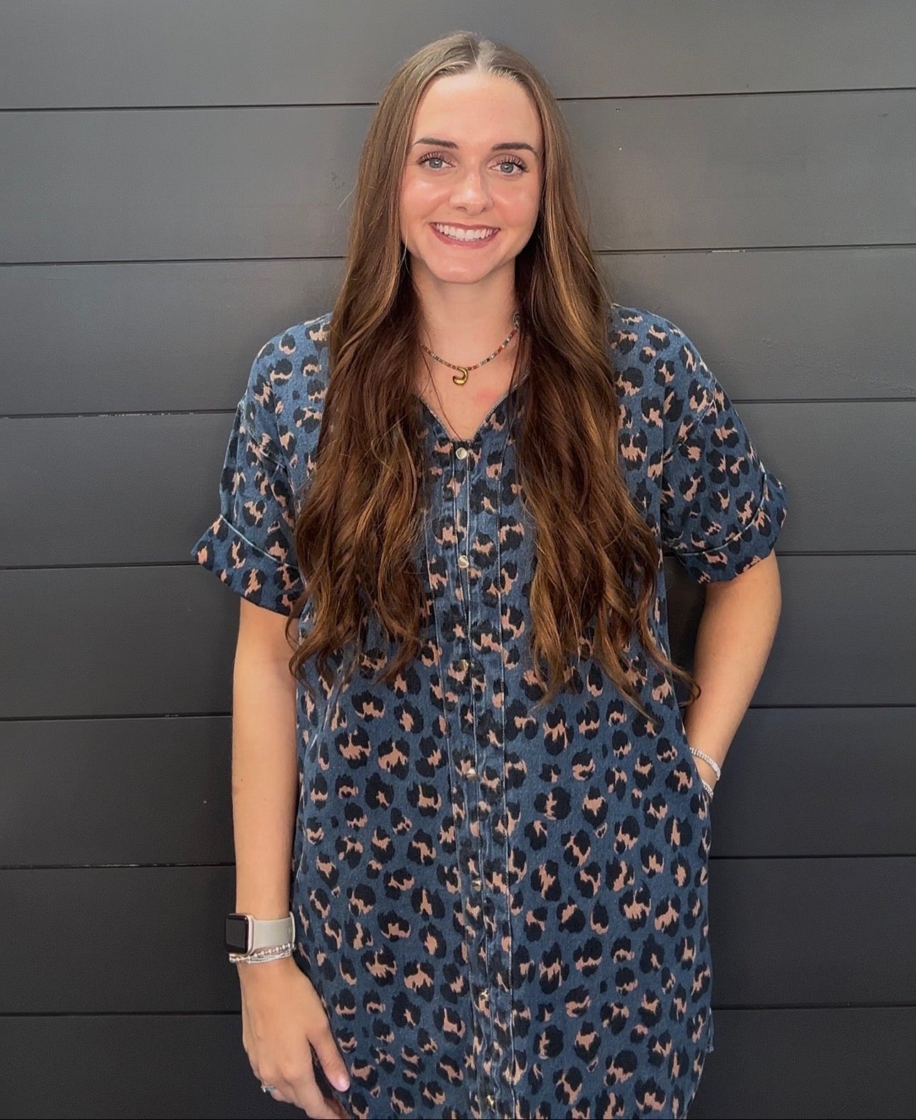 Leopard Denim Print Dress-Short Dresses-Podos Boutique, a Women's Fashion Boutique Located in Calera, AL