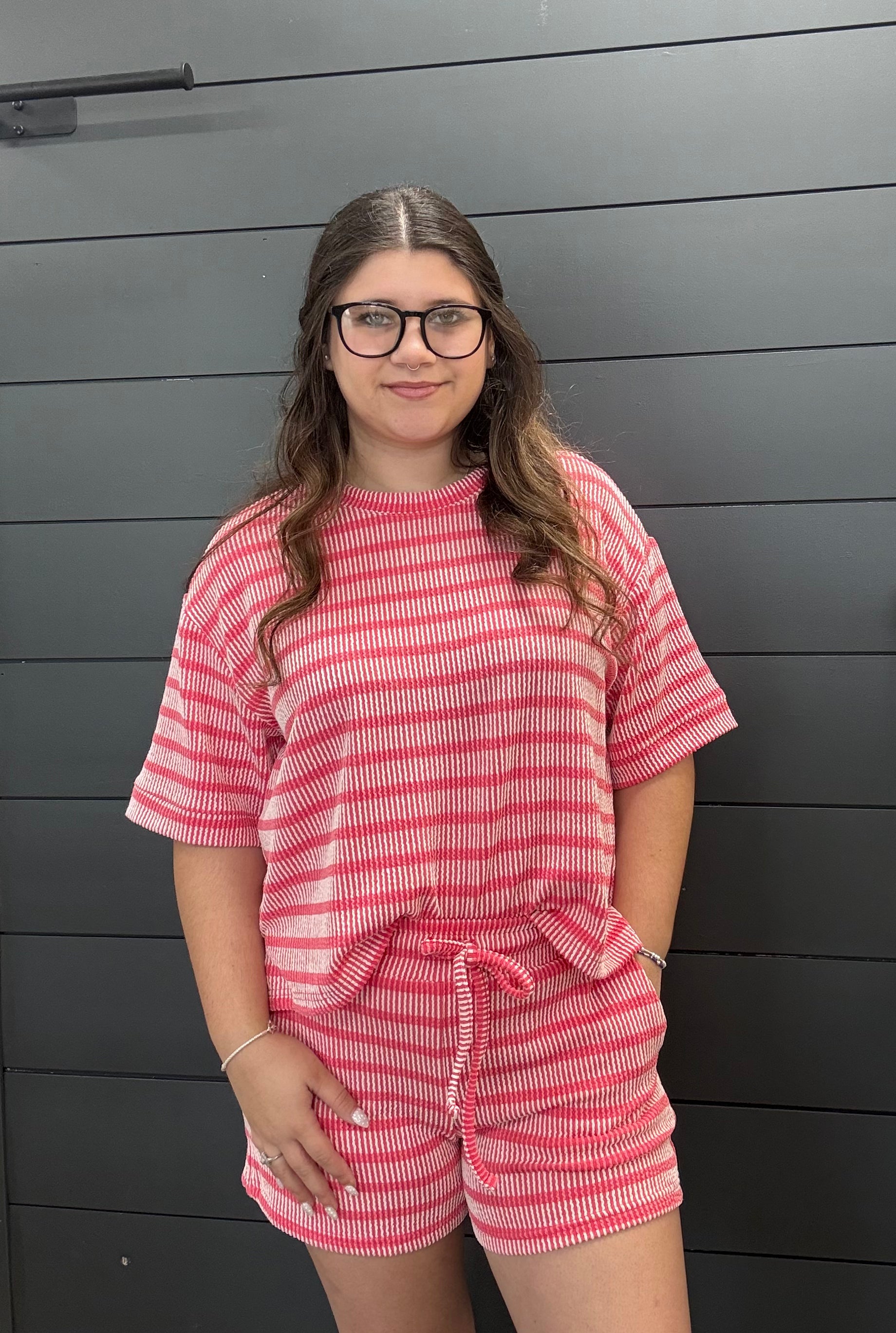 Raised Rib Striped Tee & Shorts Set-Sets-Podos Boutique, a Women's Fashion Boutique Located in Calera, AL