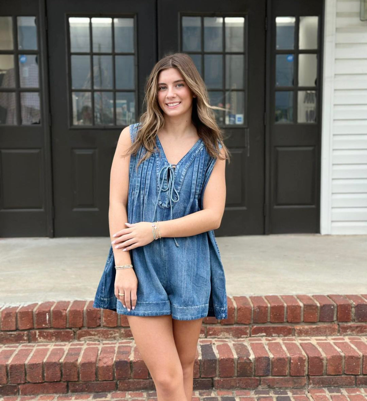 Mustard Seed Denim Romper-Podos Boutique, a Women's Fashion Boutique Located in Calera, AL