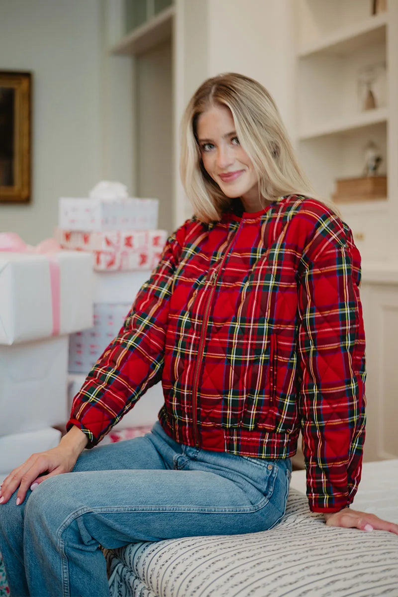 Royal Stewart Christmas Plaid Quilted Jacket-Jackets-Podos Boutique, a Women's Fashion Boutique Located in Calera, AL