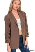 Ruched Sleeve Open Blazer-Blazers-Podos Boutique, a Women's Fashion Boutique Located in Calera, AL