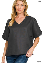 100% V-Neck Linen Top-Fashion Tops-Podos Boutique, a Women's Fashion Boutique Located in Calera, AL