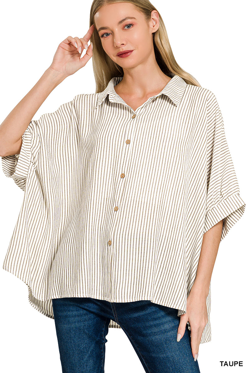 Stripe Button Down Boxy Top-Fashion Tops-Podos Boutique, a Women's Fashion Boutique Located in Calera, AL