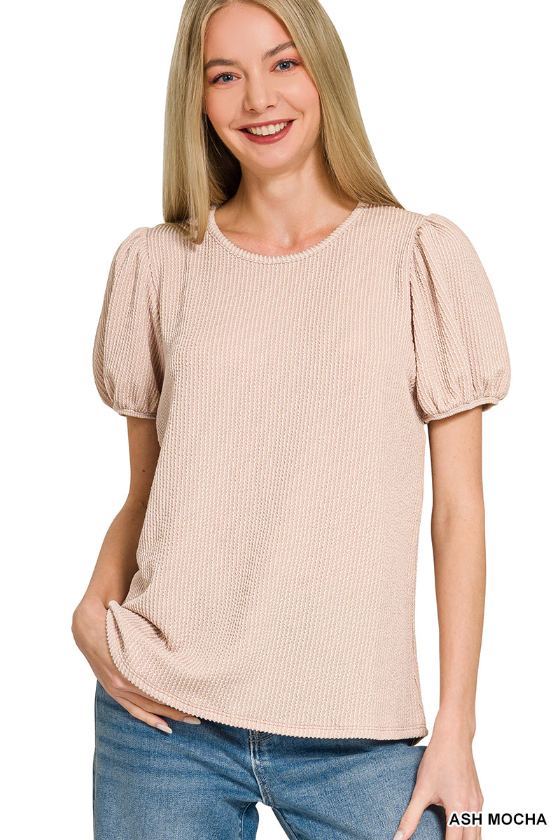 Ribbed Puff Sleeve Top-Fashion Tops-Podos Boutique, a Women's Fashion Boutique Located in Calera, AL