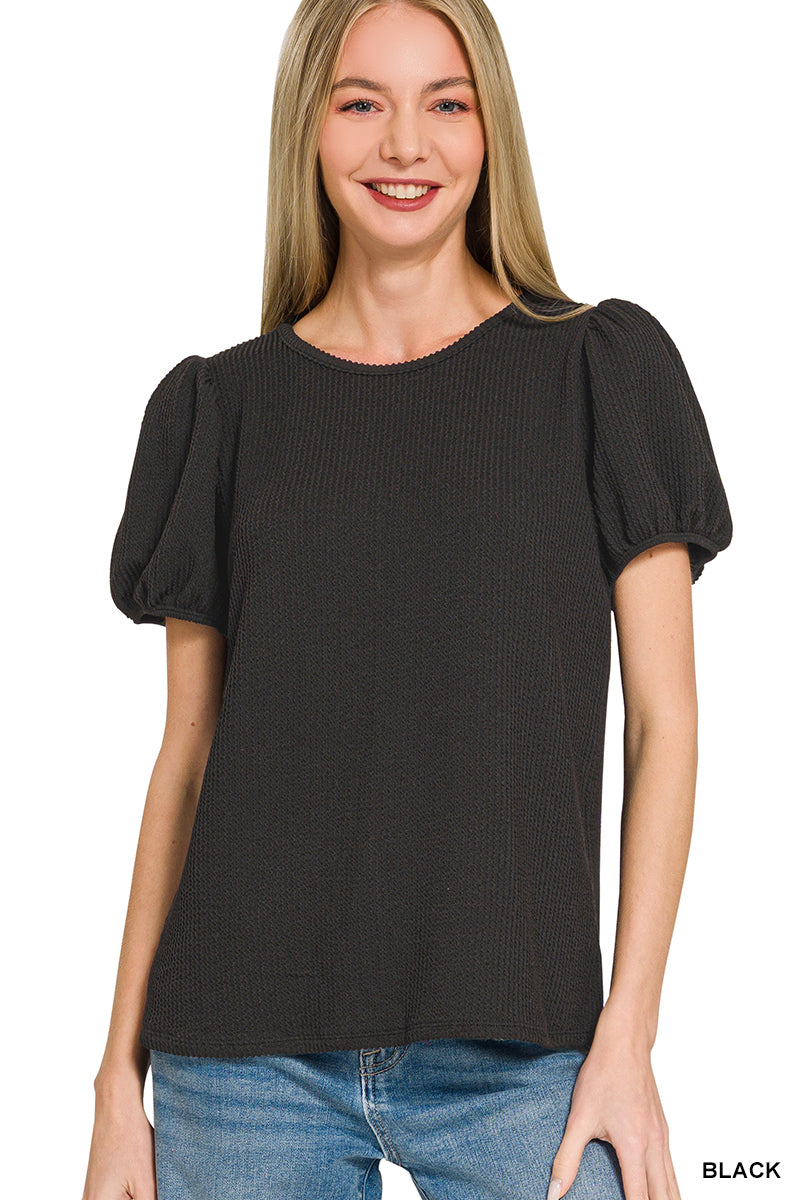 Ribbed Puff Sleeve Top-Fashion Tops-Podos Boutique, a Women's Fashion Boutique Located in Calera, AL
