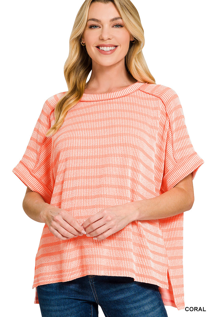 Raised Rib Striped Top-Fashion Tops-Podos Boutique, a Women's Fashion Boutique Located in Calera, AL