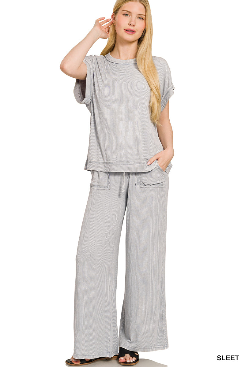 Ribbed Acid Wash Pants Set-Lounge Wear-Podos Boutique, a Women's Fashion Boutique Located in Calera, AL