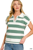 Striped Collared Short Sleeve Sweater-Fashion Tops-Podos Boutique, a Women's Fashion Boutique Located in Calera, AL