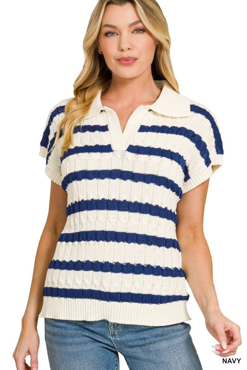 Textured Stipe Collared Sweater-Fashion Tops-Podos Boutique, a Women's Fashion Boutique Located in Calera, AL