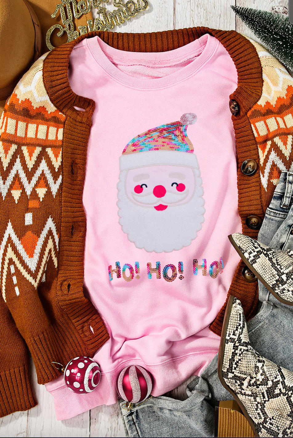 Santa Ho Ho Ho Sequined Sweatshirt-Graphic Sweatshirts-Podos Boutique, a Women's Fashion Boutique Located in Calera, AL