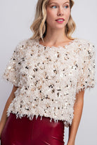Feather/Sequin Top-Short Sleeves-Podos Boutique, a Women's Fashion Boutique Located in Calera, AL